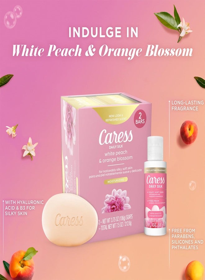 Caress Bar Soap 2-Pack + Travel-Size Body Wash, Daily Silk Bundle – Bath & Shower Essentials for Silky Soft Skin, White Peach & Orange Blossom - Image 4